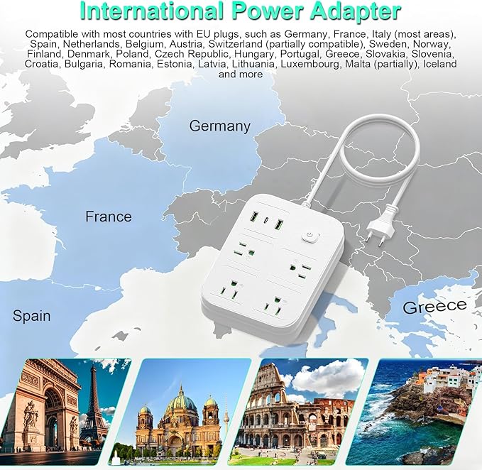 European Travel Plug Adapter, European Power Strip with 4 AC Outlets 1 USB C and 2 USB Ports, Europe to US Plug Adapter Type C for EU Germany France Spain Italy Travel (3ft)