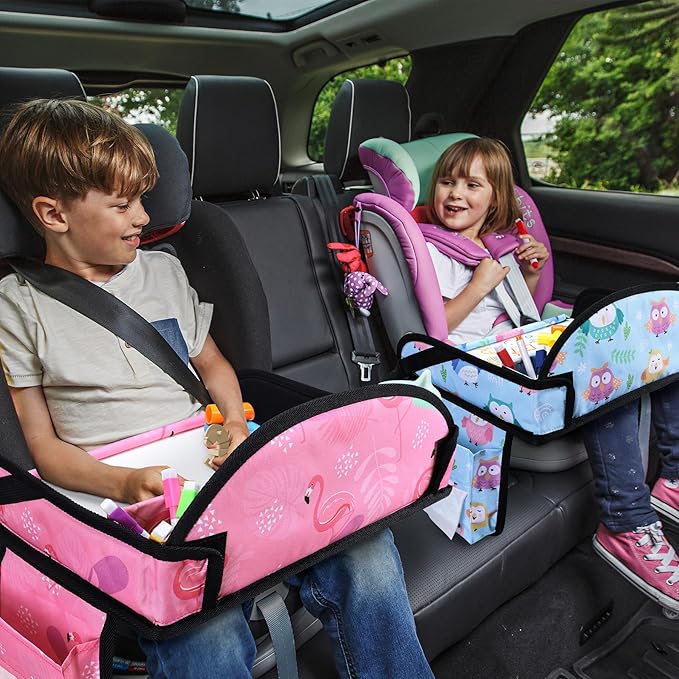 WENRENER 2PCS Kids Travel Tray, Car Seat Tray for kids Travel, Toddler Road Trip Essentials With Drawing Kit, Toddler Lap Desk Organizer for Car, Carseat Table for Airplane