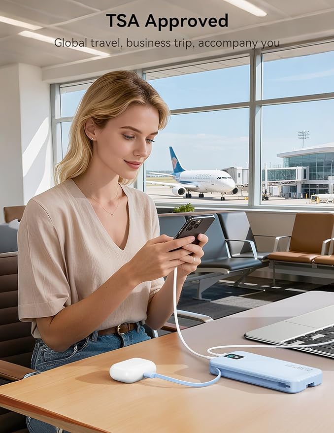 Portable Charger, 12000mAh 22.5W Fast Charging Power Bank with Built-in Cables & Wall Plug, Travel Essential Battery Pack with LED Display, USB C Battery Phone Charger for iPhone, iPad, Samsung Blue