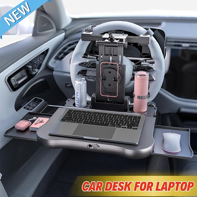 Large Car Desk for Laptop | Steering Wheel Tray Table | Foldable Back Headrest Seat Eating Food Trays with Drinks Cupholder Phone Tablet Holder for Kids | Car Travel Essentials for Long Trips