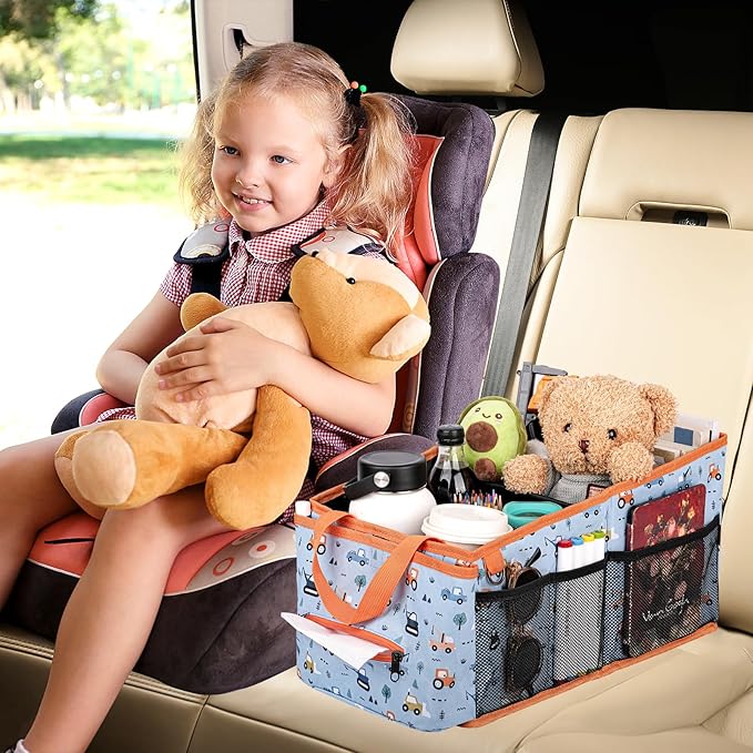 HEYSKAY Car Seat Organizer-Passenger Seat Organizer, Collapsible Small Car Seat Organizer for Console Front/Back, Car Seat Caddy Organizer with 4pc Drink Holders Automotive Backseat Organizer for Kids