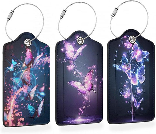 Dream Starlight Butterfly 3 Pack Luggage Tags for Suitcases, Colorful Butterfly PU Leather Luggage Tag for Travel, Bag Tags with Privacy Name ID Card and Steel Loop for Women Men