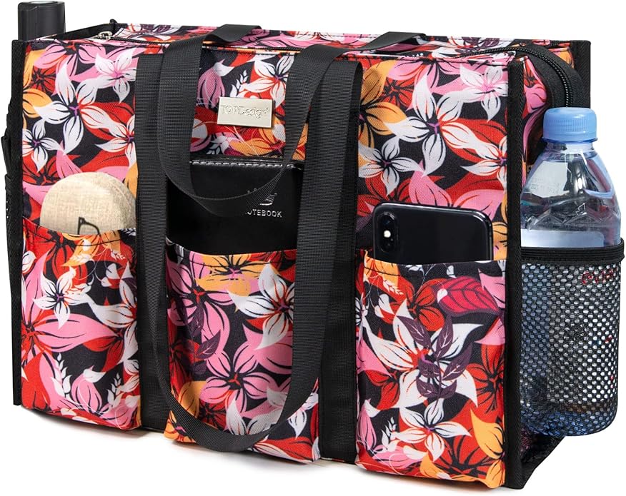 TOPDesign Utility Water Resistant Tote Bag with 13 Pockets, Top Zipper Closure & Thick Bottom Support, for Working Women