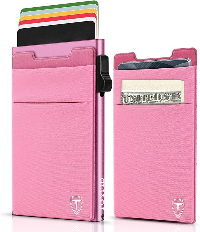 Slim Front Pocket Wallet,Pop Up Card Holder Wallets for Men and Women Aluminum Compact Wallets with RFID Blocking,Small Ultralight 6-12 Card Capacity Metal Wallets,Pink