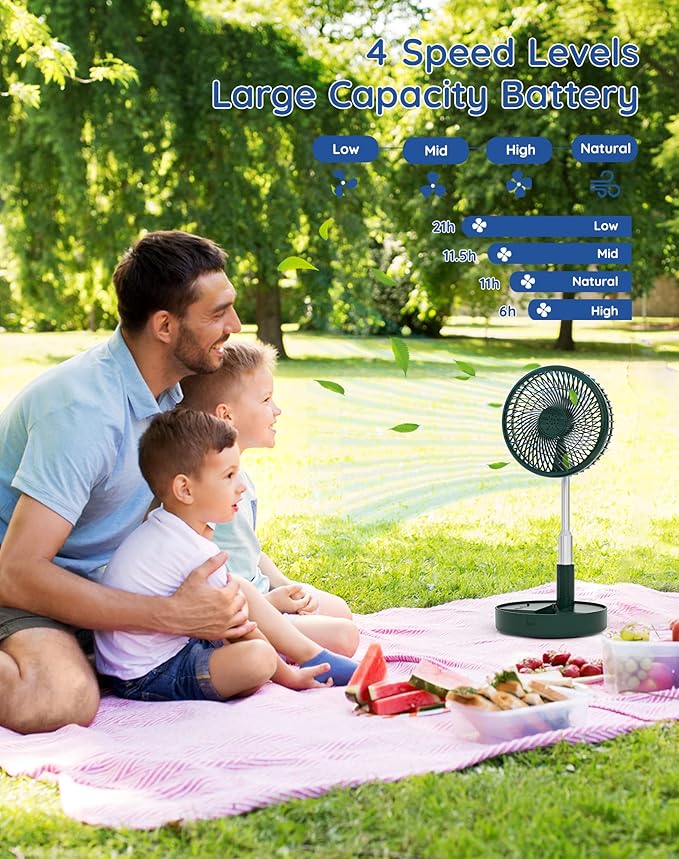 Primevolve Battery Operated Fan,Portable Rechargeable USB Floor Table Desk Fan with Adjustable Height, 4 Speed Settings Pedestal Fan for Bedroom Camping Travel,Green 7.7"