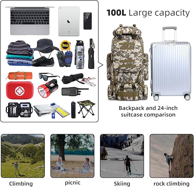 HongXingHai 100L Camping Hiking Backpack,Molle military Tactical rucksack backpack,Waterproof Lightweight Hiking Backpack (CityCamo-C)