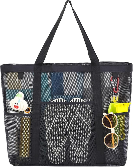 Mesh Beach Bag, Large Beach Tote with Zipper Pocket for Family Pool Bag for Toys & Vacation Essentials