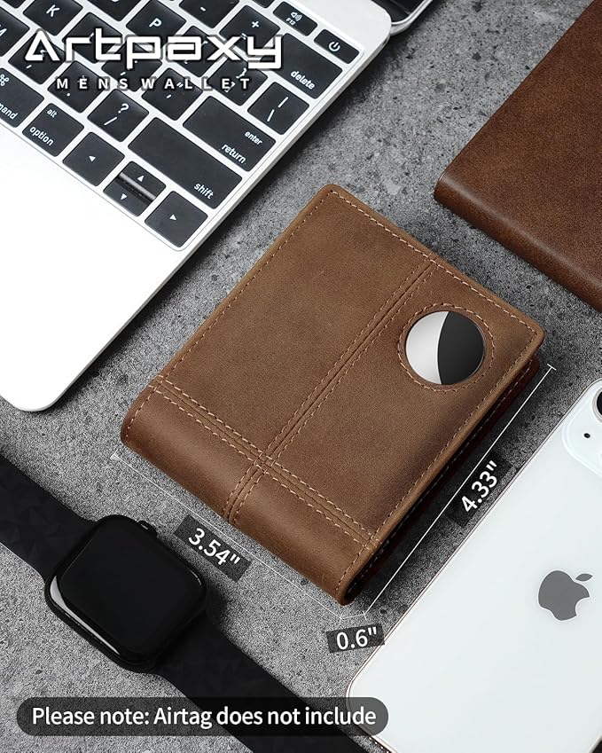 Mens Wallet With AirTag Holder, Bifold Leather RFID Blocking 1-2 ID Windows 12-13 Card Holders, Gift Box and Screen Protector Included, AirTag Not Included