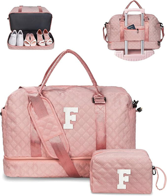 Vogewood Gifts for Mom - Personalized Initial Duffle Bag with Shoe Compartment, Monogram Weekender Bag, Overnight Travel Bag with Makeup Pouch