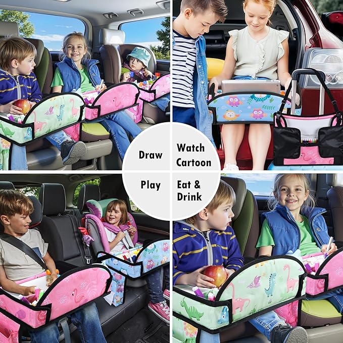 WENRENER Kids Travel Tray, 3PCS Car Seat Tray for kids Travel, Toddler Road Trip Essentials With Drawing Kit, Toddler Lap Desk Organizer for Car, Carseat Table for Airplane
