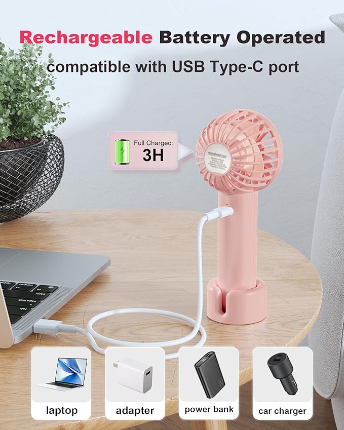 Coohea 2-Pack Pink Handheld Fan, Small Cute Design, 3 Powerful Speeds, Operated by USB/Rechargeable Battery, Portable Personal Fan with Base & Lanyard, for Eyelash Makeup Travel Beach Office Desk