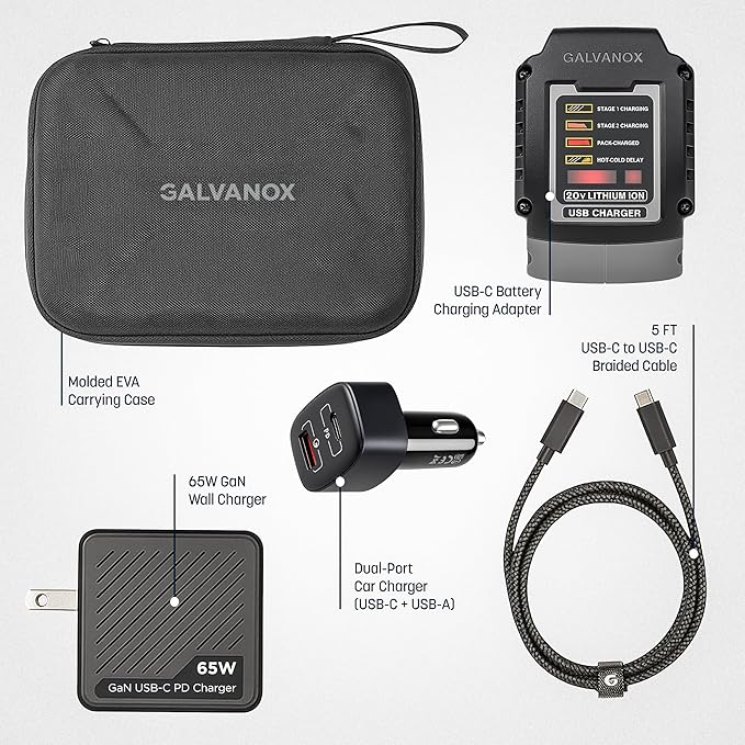 Galvanox Portable Battery Charger Set for DEWALT 20V Max Batteries, Fast Charging Powerbank Enabled (65W Input/Output) USB Type-C with AC Wall, DC Vehicle Car Adapter and Organizer (Power Pack, 4PC)
