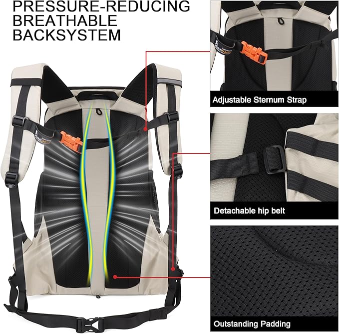 MOUNTAINTOP 35L Hiking Backpack, Lightweight Outdoor Travel Camping Daypack with Rain Cover for Men & Women（White）