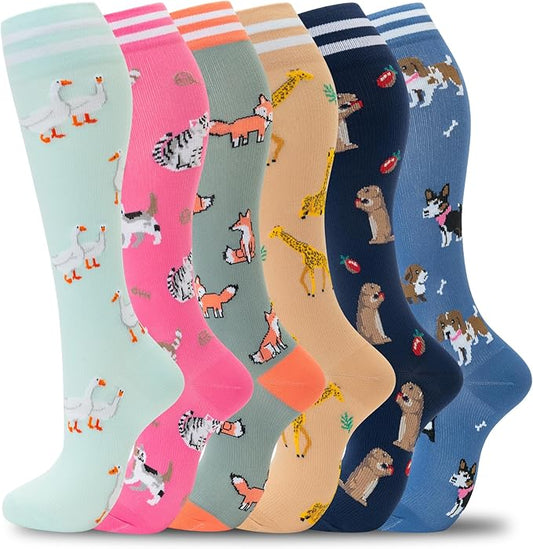 fenglaoda Compression Socks Women Men 6 Pairs, Knee High Best Support Circulation Socks for Running, Travel, Flight, Nurse