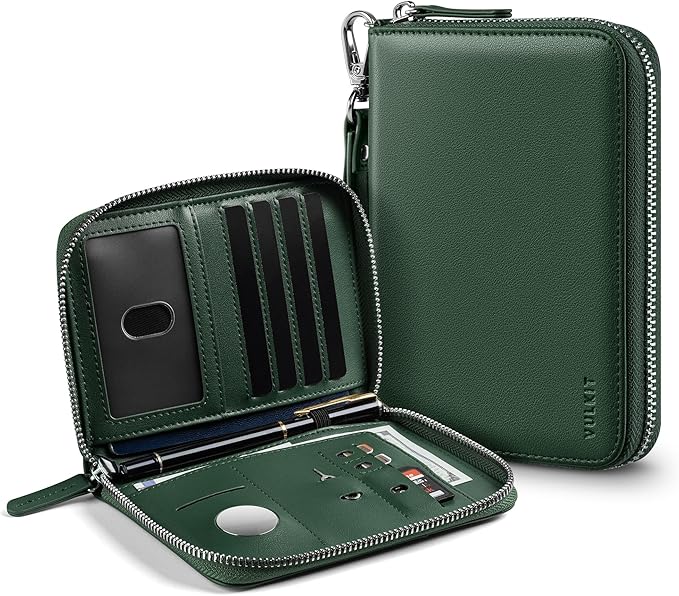 VULKIT Passport Holder for Travel with Airtag Slot, Premium Nappa Leather, RFID Blocking, Zipper Closure with Wrist Strap, Travel Document Organizer