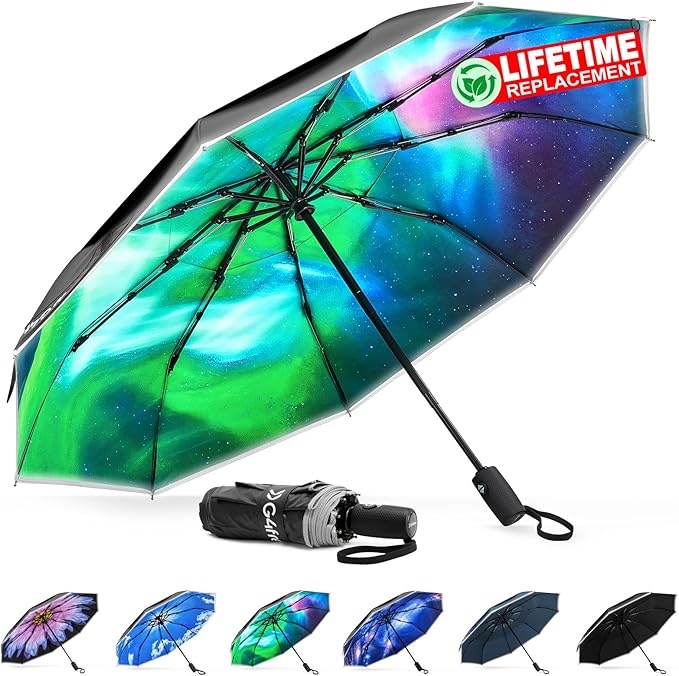 G4Free 42 Inch Eco Windproof Folding Umbrella for Rain & Sun 9 Ribs Wind Resistant Strong Fiberglass Double Canopy with Reflective Strip for Women Men Auto Open Close For Car & Backpack