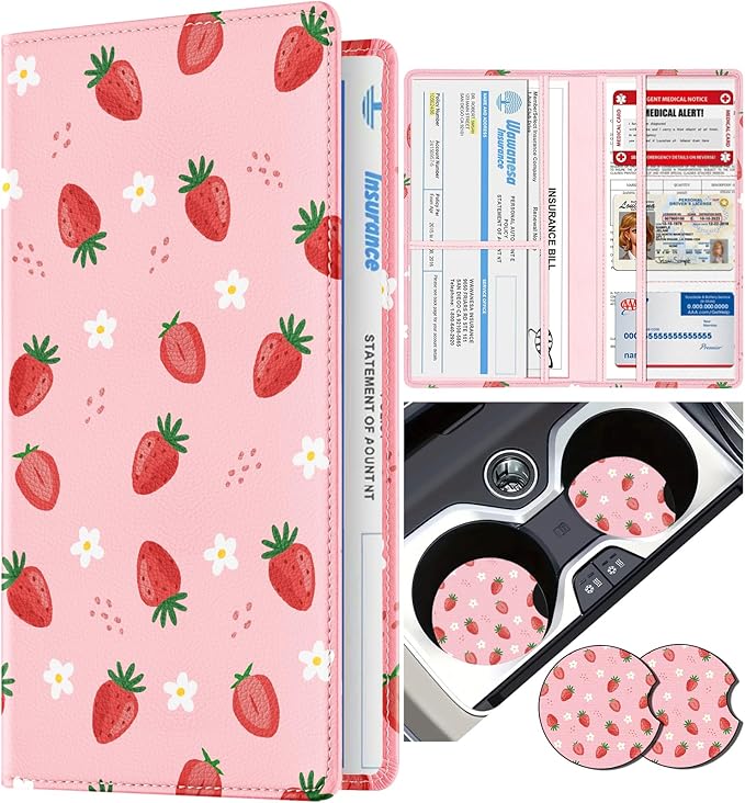 Slohif Car Registration and Insurance Card Holder with Magnetic Shut - Vehicle Glove Box Organizer Women Leather Automobile License Holders Coasters Auto Accessories Case for Document,Strawberry