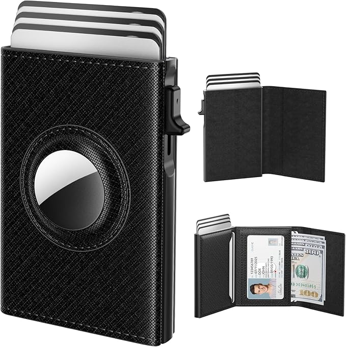 typecase Mens Wallet Card Holder for AirTag: Leather Smart Wallet for Men Compatible with Apple Air Tag, RFID Blocking, Slim, Minimalist - 9-14 Card Capacity | ID Window | Cash Slot (Dark Black)