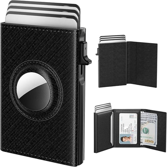 typecase Mens Wallet Card Holder for AirTag: Leather Smart Wallet for Men Compatible with Apple Air Tag, RFID Blocking, Slim, Minimalist - 9-14 Card Capacity | ID Window | Cash Slot (Dark Black)