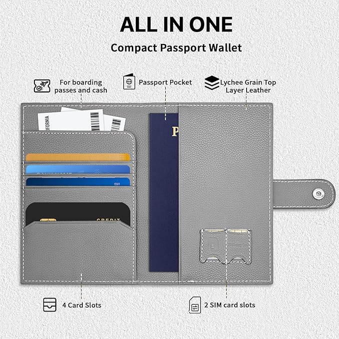 Genuine Leather Passport Holder, RFID Blocking Travel Wallet for Men/Women, Stylish Passport Cover with Airtag Slot, Durable Passport Wallet case travel essentials (Gray)