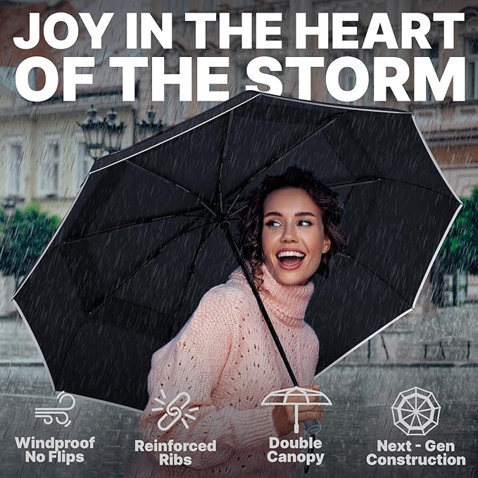 Royal Walk Windproof Folding Travel Umbrella Compact and Strong Luxurious Real Wood Handle Automatic Open Close Vented Double Canopy for Men and Women