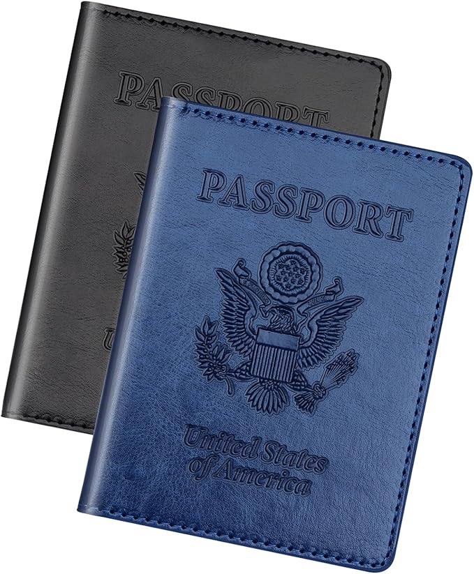 Herain Black & Dark Blue Passport Holder for Travel, Passport Cover Wallet Case 2 Pack Women Men Family Cruise Ship Essentials, Passports Book Holders Travel Vacation Must Haves