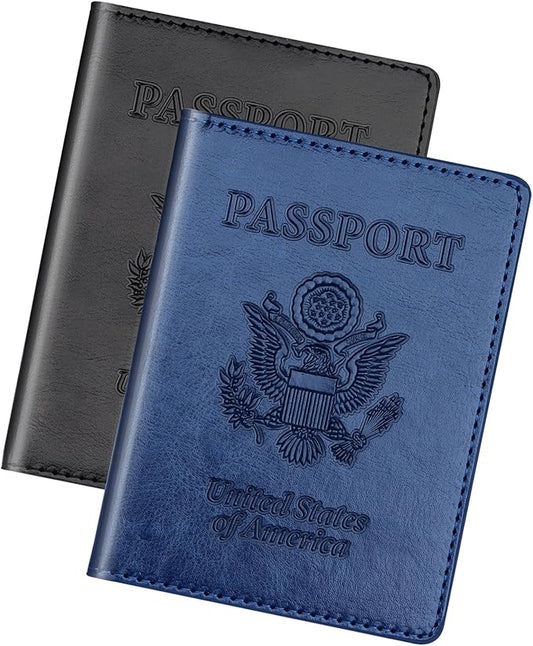 Herain Black & Dark Blue Passport Holder for Travel, Passport Cover Wallet Case 2 Pack Women Men Family Cruise Ship Essentials, Passports Book Holders Travel Vacation Must Haves