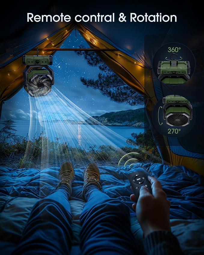 Portable Camping Fan Rechargeable - 20000mAh Cordless Battery Powered Tent Fans with LED Lantern, Remote Auto Oscillating USB C Table Operated Ventilador for Travel Outdoor Beach