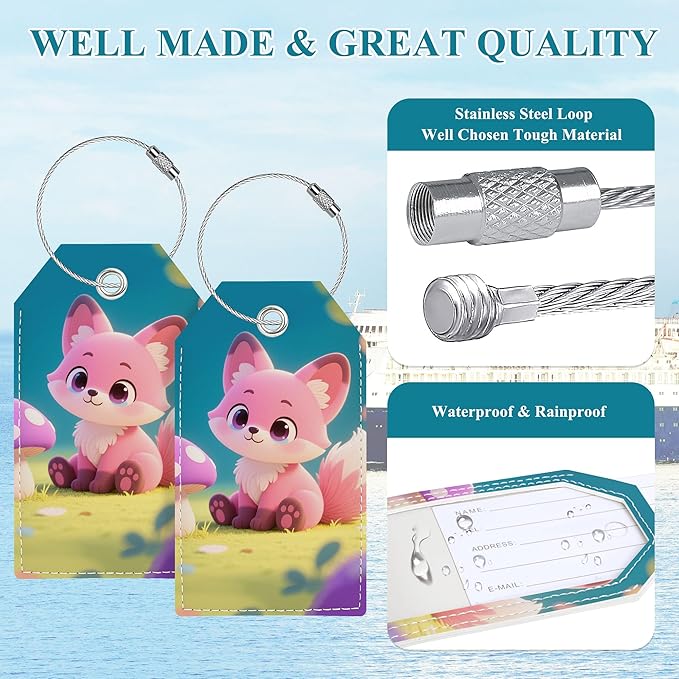 Luggage Tag, Luggage Tags for Suitcases, Cute Personalized Bag Tags for Backpacks Handbag School Instrument with Name ID Label Travel Essentials, Unique Fun Baggage Tags 2 Pack, Pink Fox
