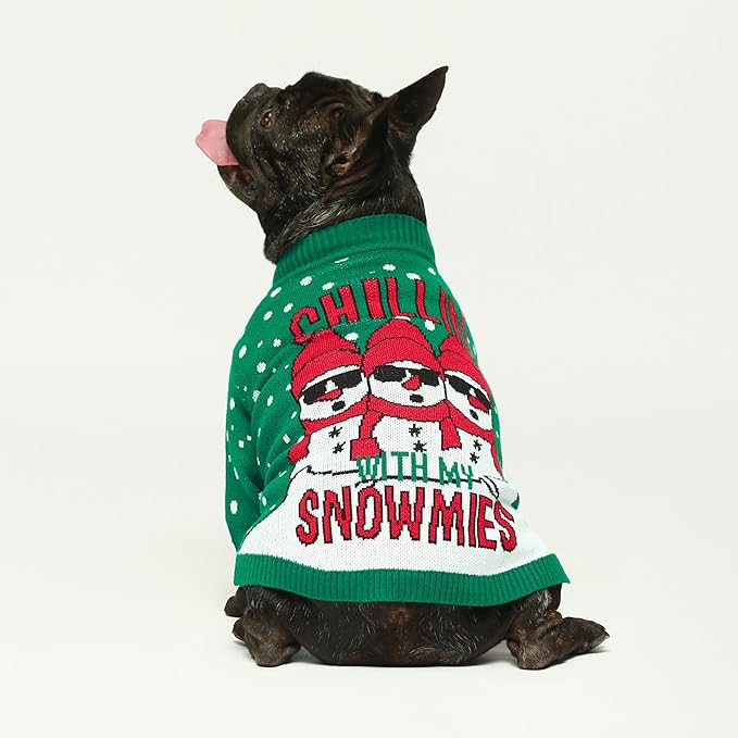 Fitwarm Chillin with My Snowmies Dog Ugly Christmas Sweater, Winter Dog Clothes for Small Dogs Girl Boy, Pet Holiday Sweatshirt, Xmas Snowman Outfit, Green, Red, White, Small