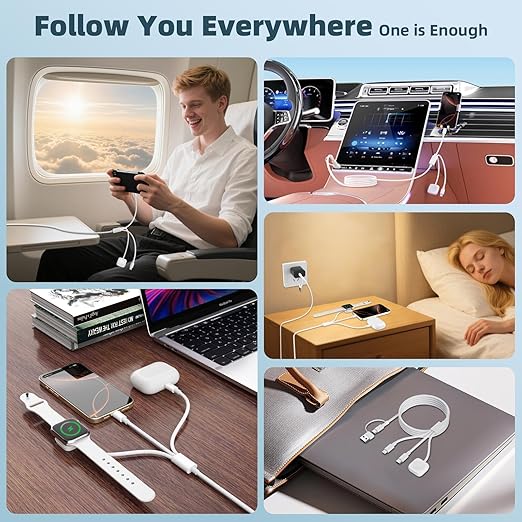 Travel Charger for Apple Watch, 3 in 2 Multi Charging Cable/Cord with Lightning/USB C/iWatch Charger, Travel Chargers for Multiple Devices, Compatible with iWatch Series/iPhone 17-8/iPad/AirPods 4FT