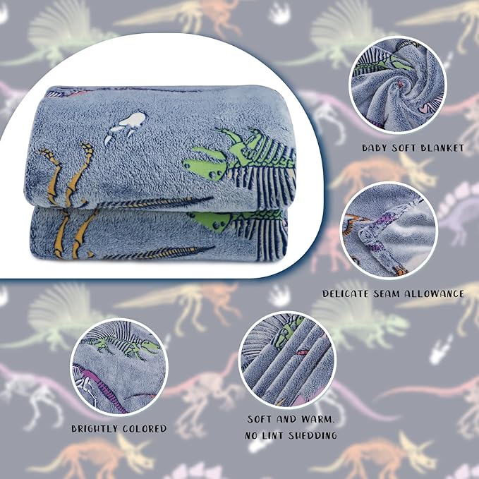 Glow in The Dark Dinosaur Blanket - Soft Warm Plush Kids Cute Dino Throw Blankets for Couch, Luminous 80"x60"