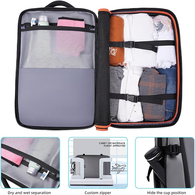 Carry on Backpack Airline Approved for Men, Travel 50L Expandable backpack Luggage Fits 17.3 Inch Laptop with USB Charging Port(grey)