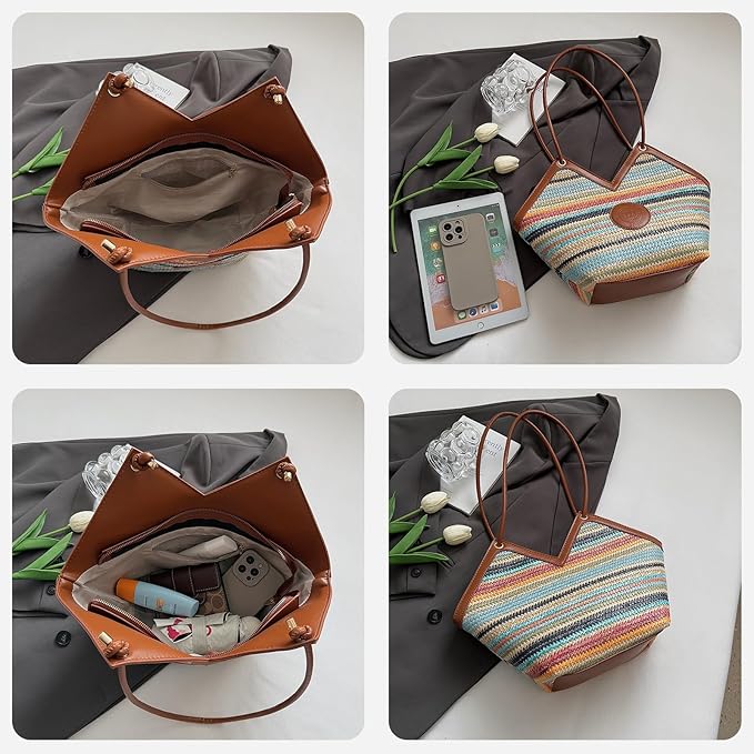 ZOCILOR Women's Straw Shoulder Tote Bag with PU Leather Trim, Large Woven Beach Handbag, Lightweight Casual Summer Purse