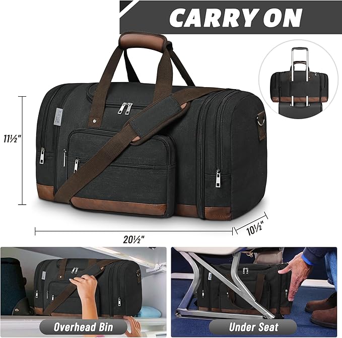 Wohlbege Duffle Bag for Travel,Overnight Weekend Gym Carry On Luggage Bag, 50L Canvas Travel Duffel Bag for Men Women, Expandable Spacious Travel Duffel Bag, Black