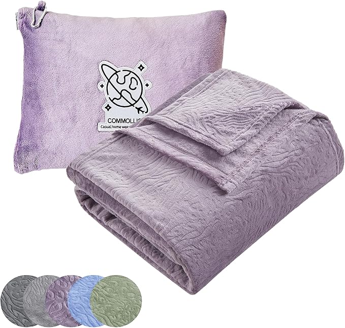 Commollis 2-in-1 Travel Blanket & Pillow for Airplane, Car, Train - Warm Compact Flight Blanket with Luggage Strap & Backpack Clip, Machine Washable, All-Season Use