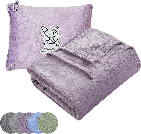 Commollis 2-in-1 Travel Blanket & Pillow for Airplane, Car, Train - Warm Compact Flight Blanket with Luggage Strap & Backpack Clip, Machine Washable, All-Season Use