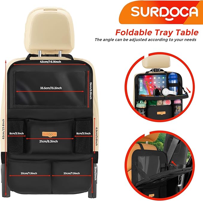 SURDOCA Backseat Car Organizer with Foldable Tray for Kids & Adults – NEW MODEL Seat Storage with Touchable Tablet Pocket, Roadtrip Essentials – Fits Most Vehicles