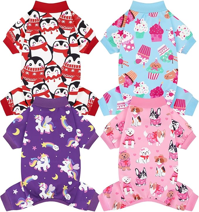 XPUDAC 4 Pack Dog Pajamas Cute Soft Dog Clothes for Small Medium Dogs Boy Girl Stretchy Pjs Jammies Outfit Puppy Onesies, Medium
