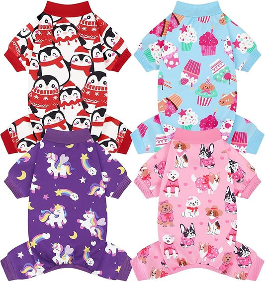 XPUDAC 4 Pack Dog Pajamas Cute Soft Dog Clothes for Small Medium Dogs Boy Girl Stretchy Pjs Jammies Outfit Puppy Onesies, Medium