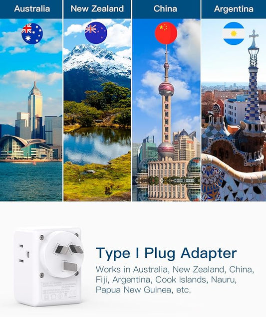 2 Pack Australia New Zealand Power Plug Adapter, Australia Travel Adapter with 3 American Outlets 3 USB Charging Ports (1 USB C), Type I Plug Adapter for US to Australia, Argentina, China