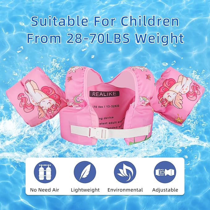 REALIKE Kids Swim Vest for Toddler Floaties Swimming Aids with Shoulder Harness Arm Wings for Children/Infant/Baby,Sea Beach/Pool/Lake, Suitable for 28-70lbs Boys/Girls