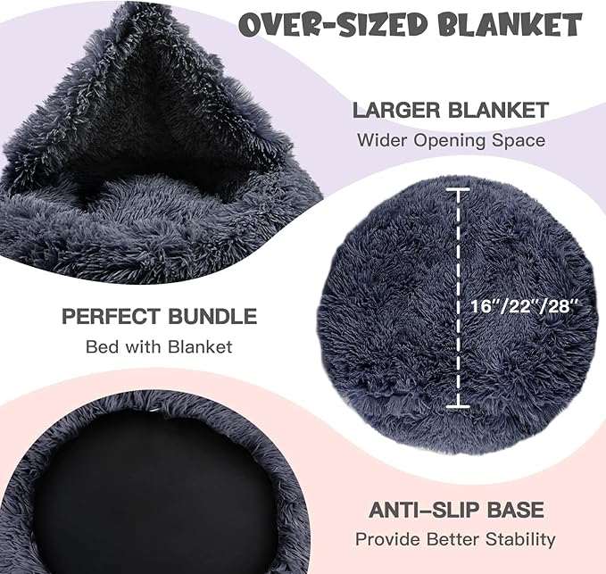 Himax Medium Dog Bed, Round Dogs Beds with Blanket Attached, Comfort Fluffy Calming Dog Bed Washable (20"/26"/35") Deep Grey