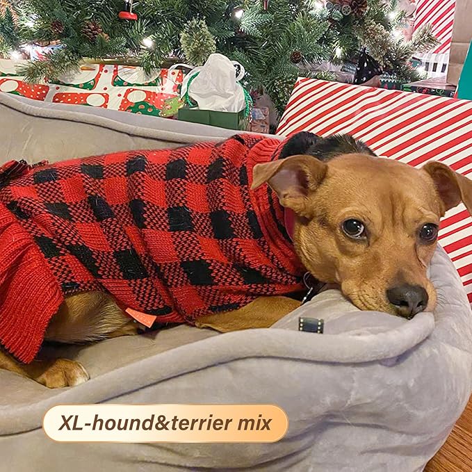 KYEESE Dog Christmas Sweater Dress with Bowtie Checkered, Turtleneck Dog Sweater for Small Dogs Girl with Leash Hole, Holiday Warm Pet Sweaters Dress, Red, X-Large