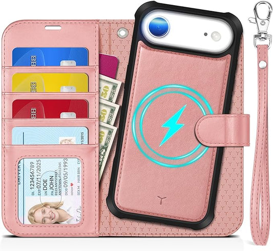 TUCCH 2-in-1 Detachable Wallet Case for iPhone Air (6.5-inch) 2025, RFID Blocking 4 Card Slots, Wireless Charging, Wrist Strap, Kickstand, Magnetic, PU Leather, Protective Flip Cover, Rose Gold