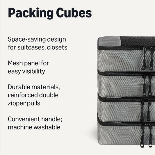 Amazon Essentials 4-Piece Packing Cubes Travel Accessories Set, Luggage Organizer with Double Zipper, Mesh Top, 100% Polyester, Small, Gray (Previously Amazon Basics)
