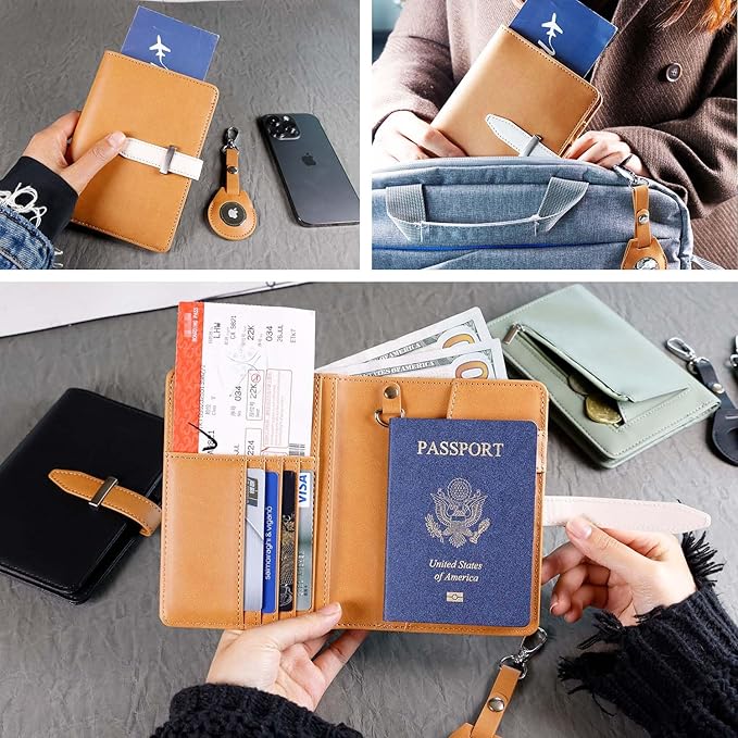 Deziliao Passport wallets, Mulit-purpose RFID Blocking Passport Holder AirTag Wallet, Travel Wallet Cover Case（Brown）