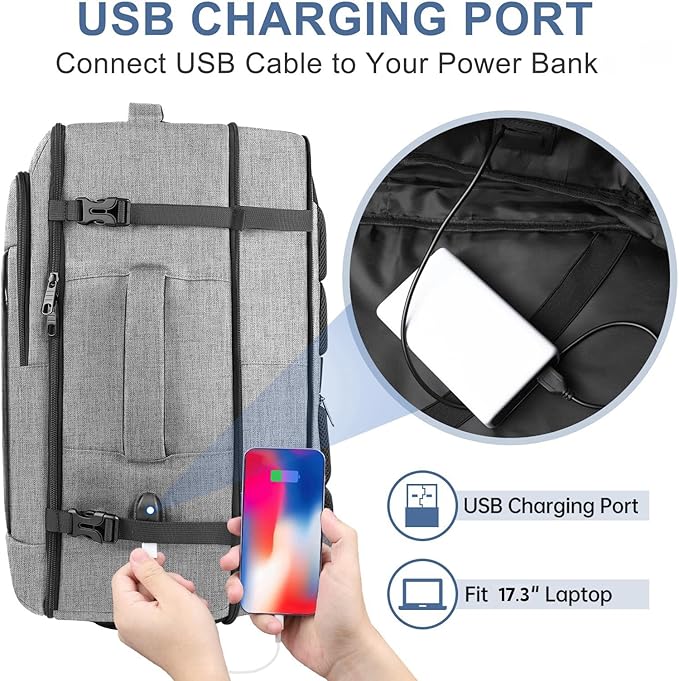 Travel Backpack, Extra Large 50L Expandable Backpack for Men Women, Carry On Backpack For Airplanes, Travel Essentials Luggage Suitcase Daypack Travel Gift Weekender Bag, Grey