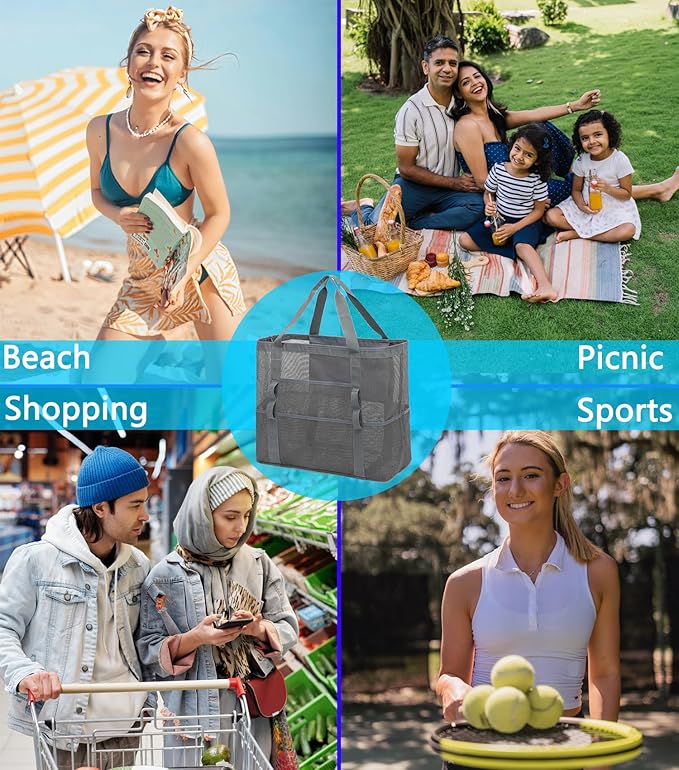 Mesh Beach Bag, Large Beach Tote with Zipper Pocket for Family Pool Bag for Toys & Vacation Essentials