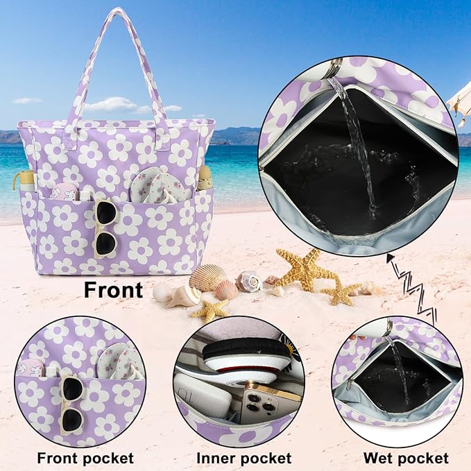 Bluboon Waterproof Beach Tote Pool Bags for Women Ladies Extra Large Carry On Bag With Wet Compartment for Weekender Travel